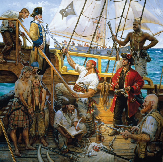 Captain Samuel Bellamy and his crew are shown claiming the Whydah Gally after a three-day chase near the Bahamas in this artist's impression.