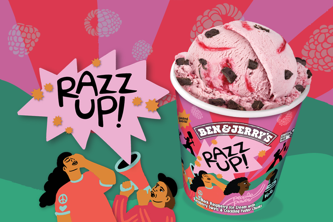 Razz Up! ice cream pint next to illustration of people protesting.