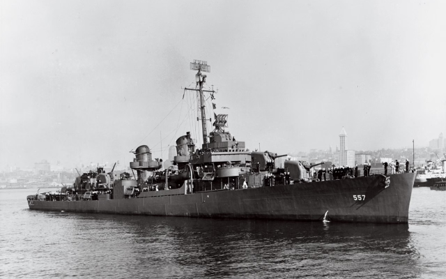 The U.S.S. Johnston sails off Seattle, Washington, in 1943.