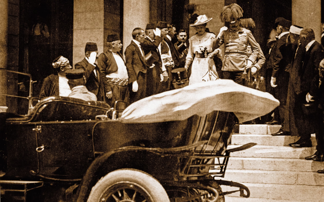 Archduke Franz Ferdinand of Austria and his wife, Sophie, leave Sarajevo’s city hall on June 28, 1914, prior to their assassination. 