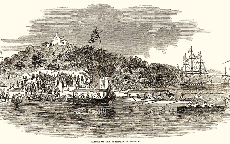 The independent flag of Liberia flies on the shore in an 1849 engraving.