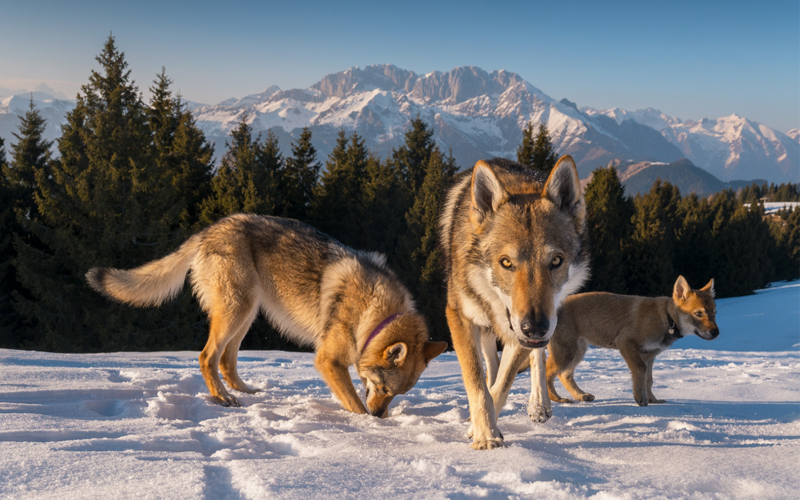 Czechoslovakian wolfdogs playing in the snow