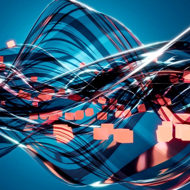 Abstract digital illustration of flowing blue and black wave-like forms with glowing white lines and scattered red geometric shapes on a blue background.