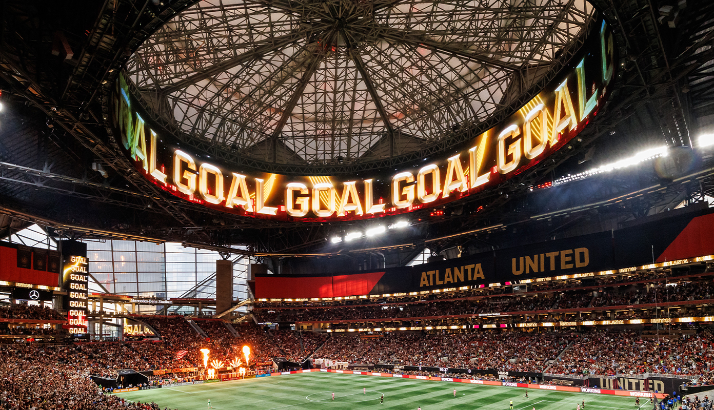  Matchday atmosphere inside Mercedes-Benz Stadium with pyrotechnics firing as Atlanta United celebrates a home win