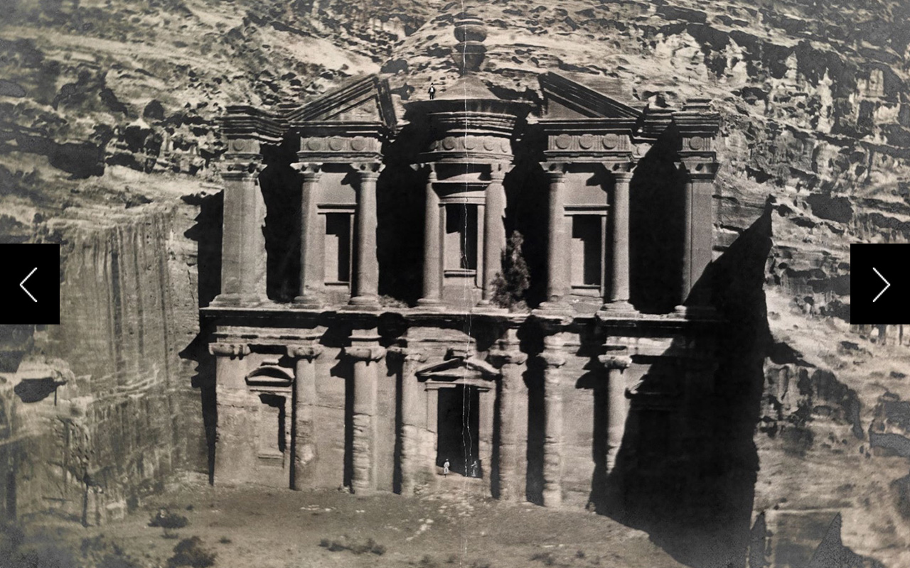 The Dier, or Monastery, Petra. Notice the Figures in the doorway, which is 30 feet high, and the single figure on the cupola, 100 feet above.