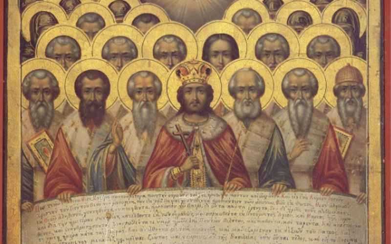 Icon depicting the Emperor Constantine and the fathers of the Council of Nicaea of 325 with the Greek text of the Nicene-Constantinopolitan Creed of 381 in its liturgical form.