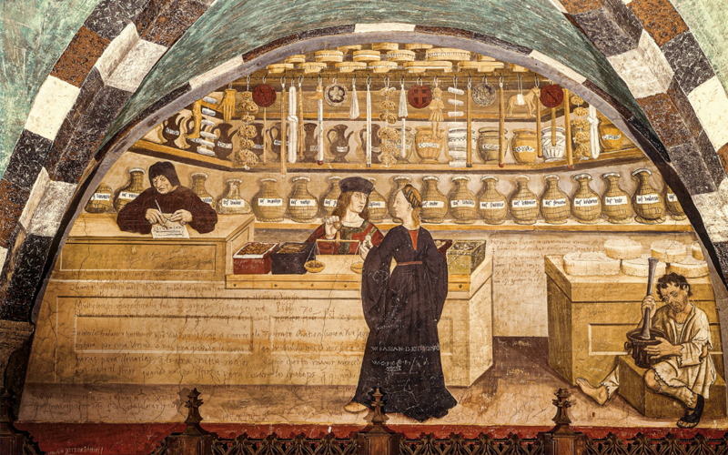 A fresco shows the interior of an apothecary’s shop in northwestern Italy in the 15th century.
