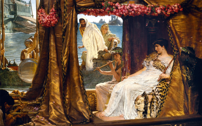 This 1883 painting by Lawrence Alma-Tadema shows Mark Antony impatiently waiting for a glimpse of the alluring Cleopatra when they meet in Tarsus on her luxurious barge.