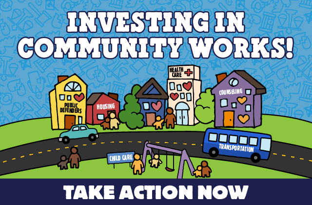 Investing in community works! Take action now. Illustration shows a happy community.