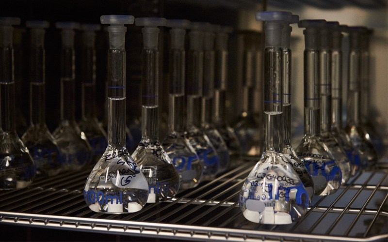 Test tubes are used to measure the release rate of naltrexone at Go Medical Industries in Subiaco, Australia, in 2019.